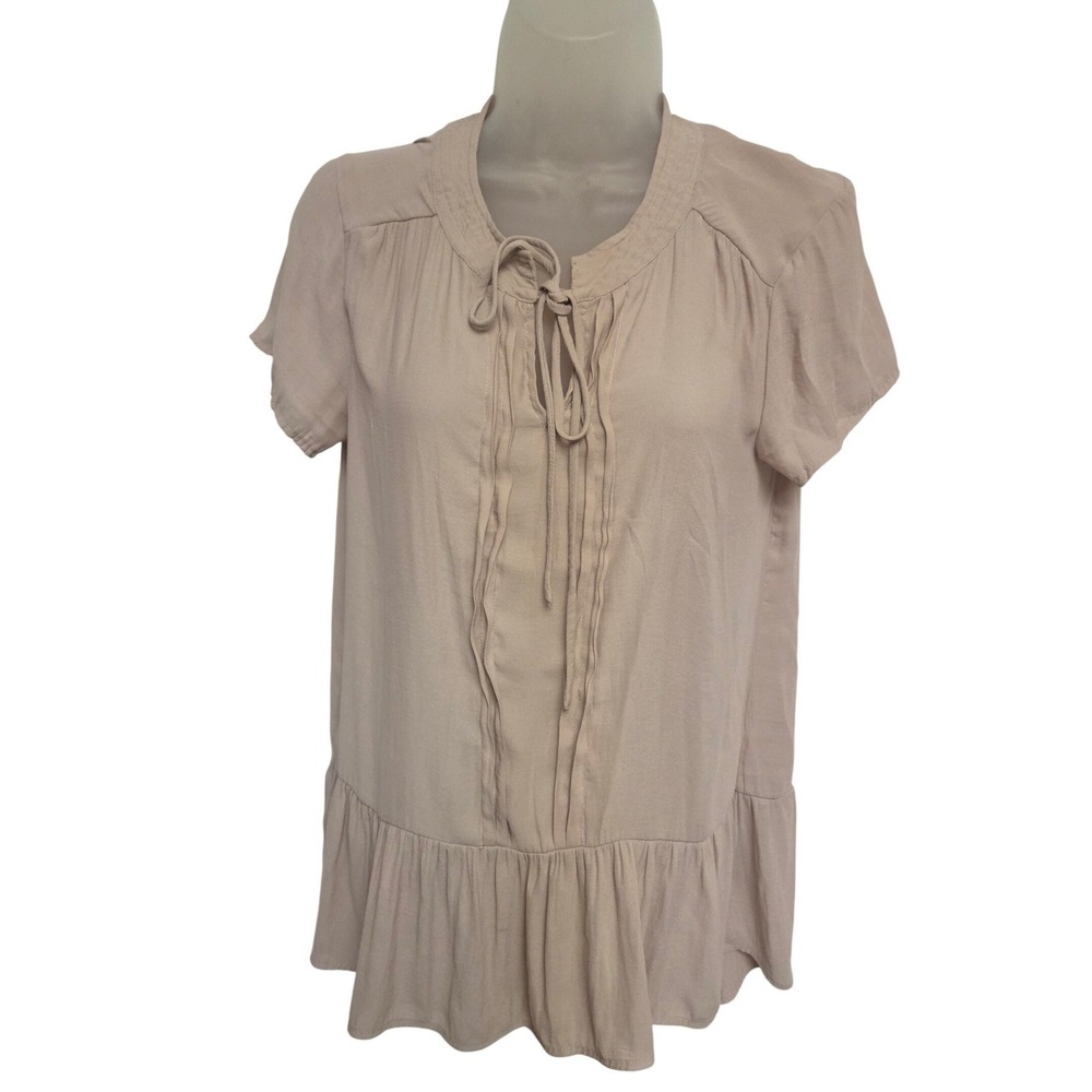 RO & DE Women's Beige Tie Neck Ruffle Hem Short Sleeve Tunic Top‎ Size S